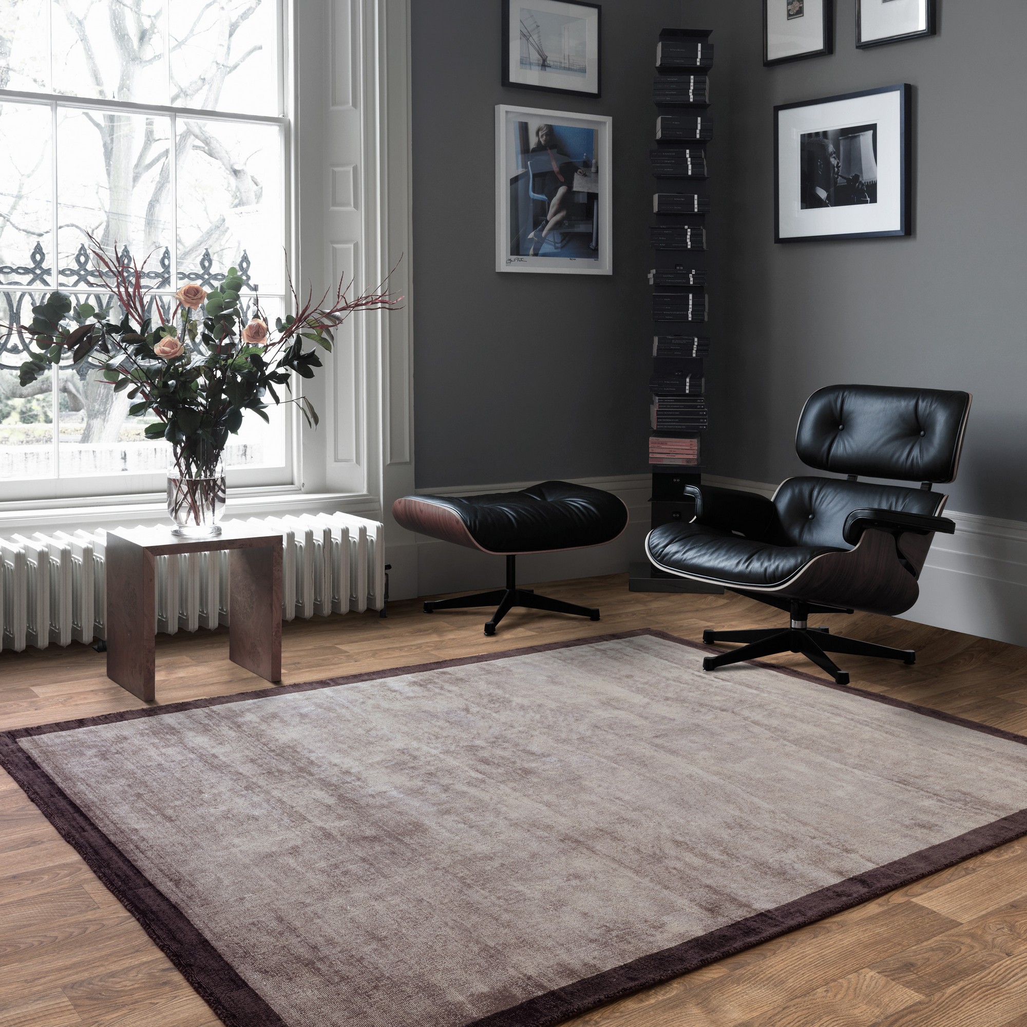 Blade Border Fine Modern Plain Rugs In Charcoal Moleskin Brown